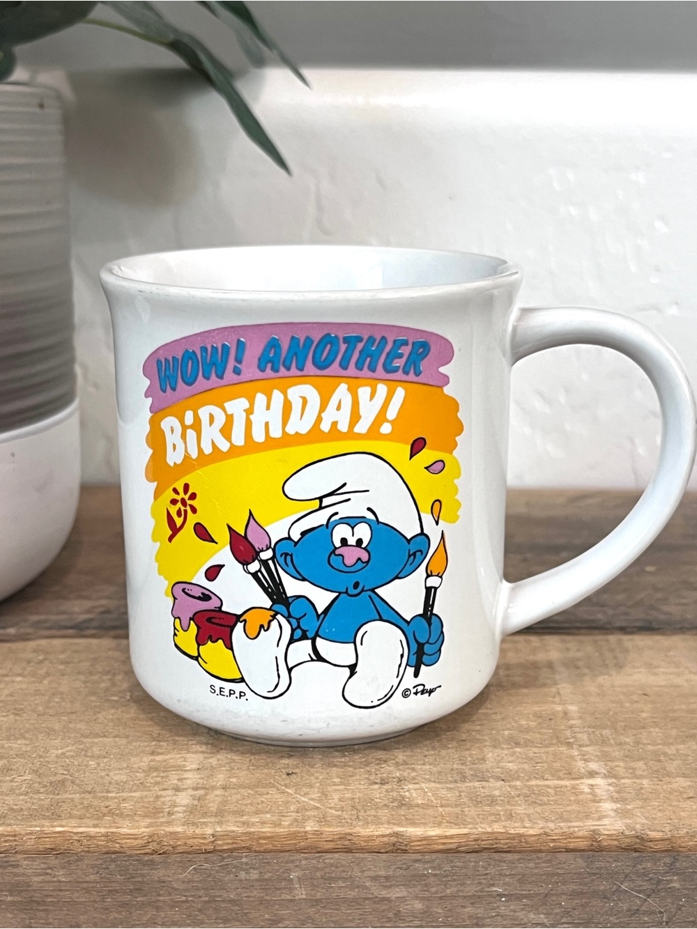 Vintage 1982 The Smurfs "Wow! Another Birthday" Ceramic Coffee Mug